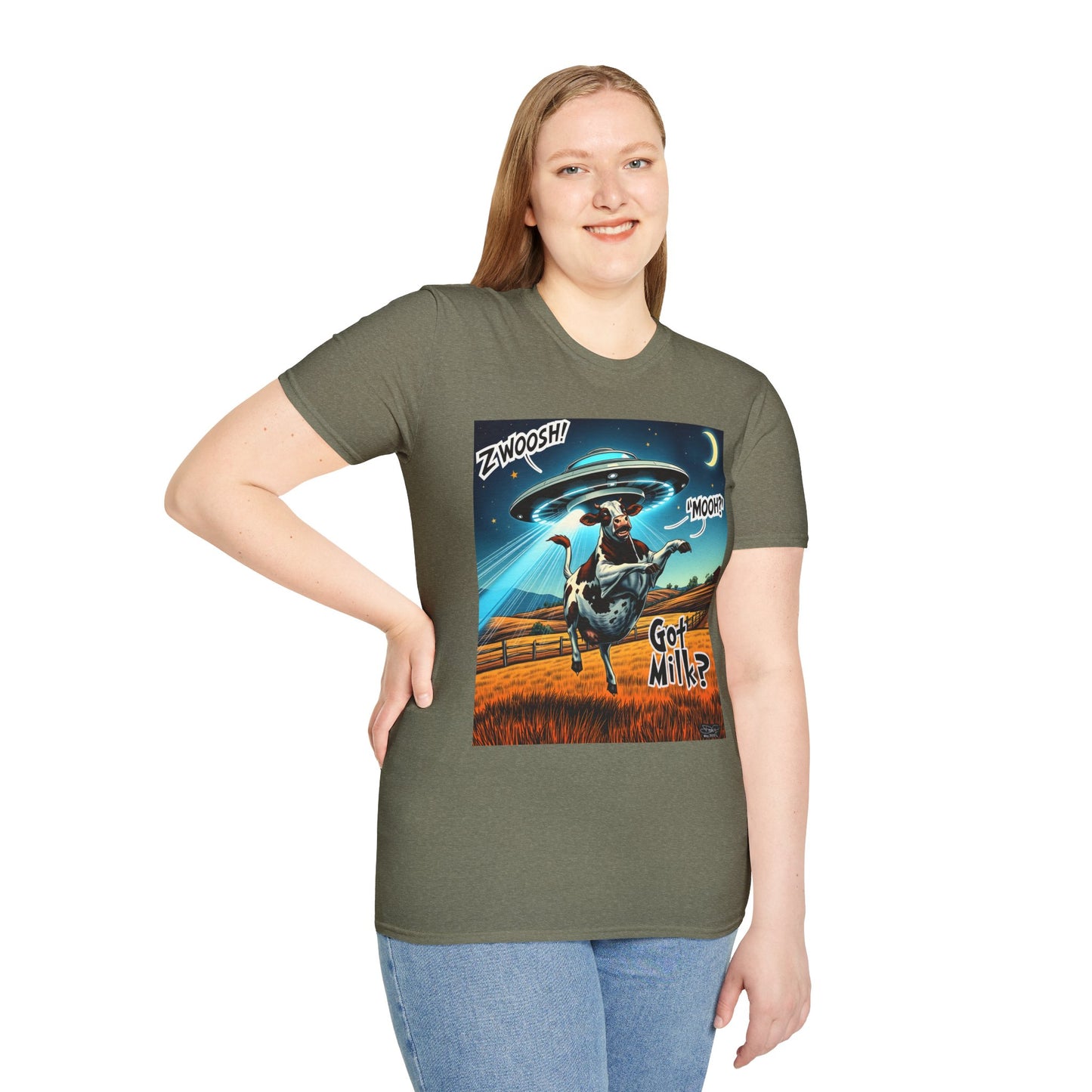 Funny Alien Cow T-Shirt - Got Milk? Unisex Soft style graphic Tee, UFO, galaxies, space, Blackhole, graphic design, png, sublimation