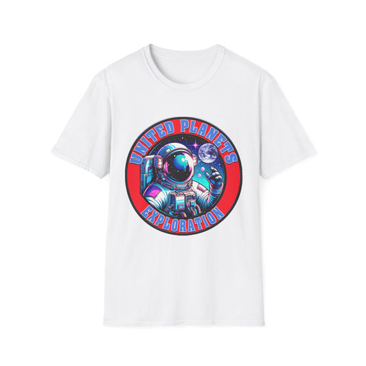 United Planets Exploration Astronaut T-Shirt, Science Themed Tee, Outer Space Shirt for Gift, Birthday, Unisex Softstyle Apparel