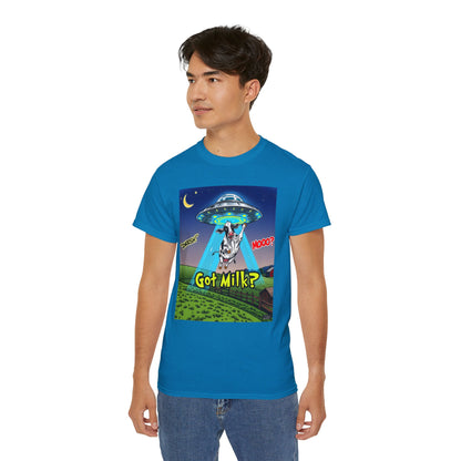 Got Milk? Funny Unisex Ultra Cotton Tee - Humorous Cow and UFO Design, graphic tee, t-shirts, tshirt, png, sublimation