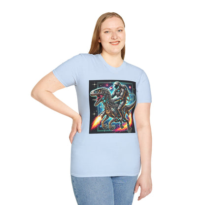 Cosmic Dinosaur Rider Softstyle T-Shirt | Fun Graphic Tee, Unique Gift, Space Lover Shirt, Sci-Fi Enthusiast Apparel