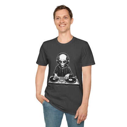 DJ Alien Graphic T-Shirt | Unisex Softstyle Tee for Music Lovers, Gifts for DJs, Cool Casual Wear, Festival Apparel, Unique Alien Design