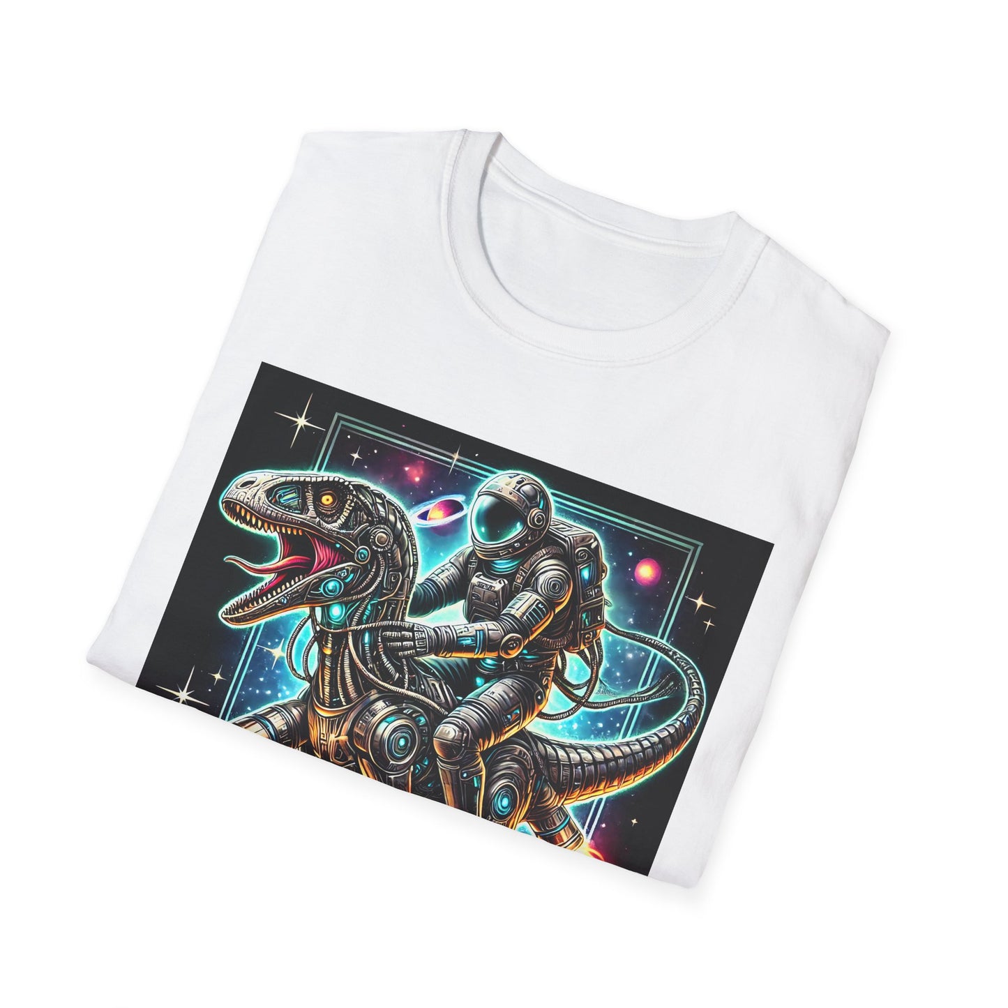 Cosmic Dinosaur Rider Softstyle T-Shirt | Fun Graphic Tee, Unique Gift, Space Lover Shirt, Sci-Fi Enthusiast Apparel