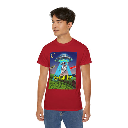 Got Milk? Funny Unisex Ultra Cotton Tee - Humorous Cow and UFO Design, graphic tee, t-shirts, tshirt, png, sublimation