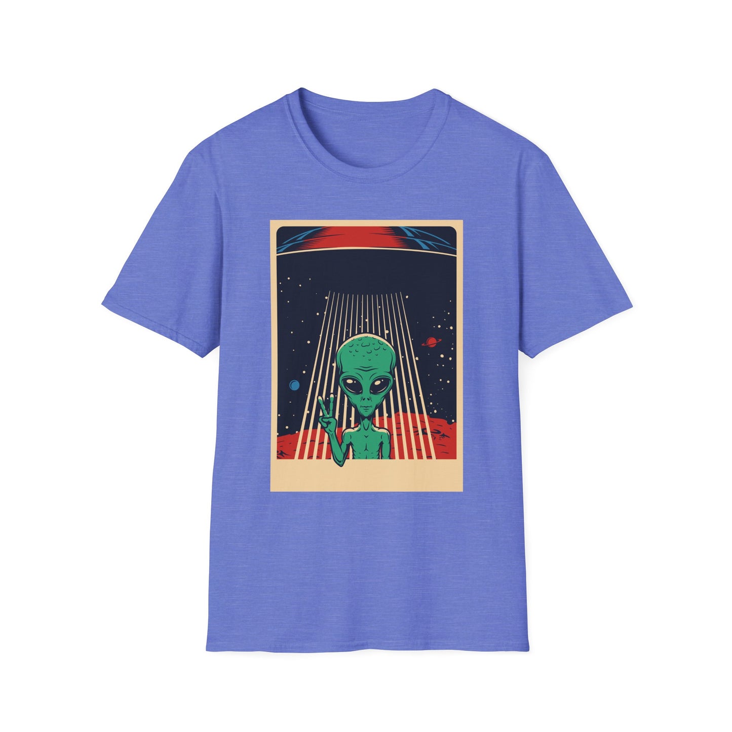 Cosmic Alien Peace Unisex Softstyle T-Shirt, Vintage UFO Tee, Space Lover Gift, Sci-Fi Fan Shirt, Trendy Graphic Tee, GraphicTees, t-shirts