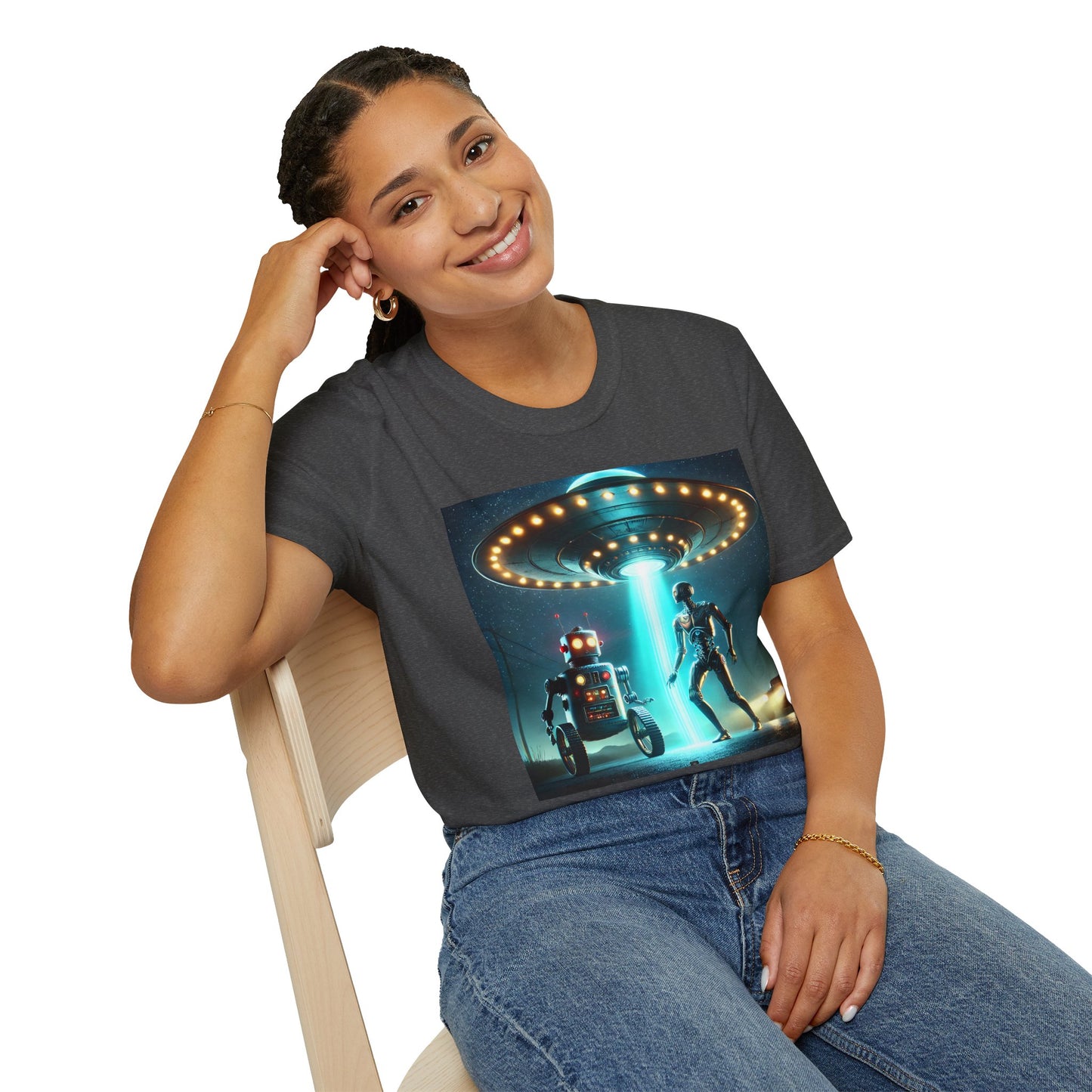 Alien Encounter Unisex Softstyle T-Shirt | Sci-Fi Fan Gift, Superhero Tee, UFO Shirt, Casual Wear, Unique Graphic T-Shirt