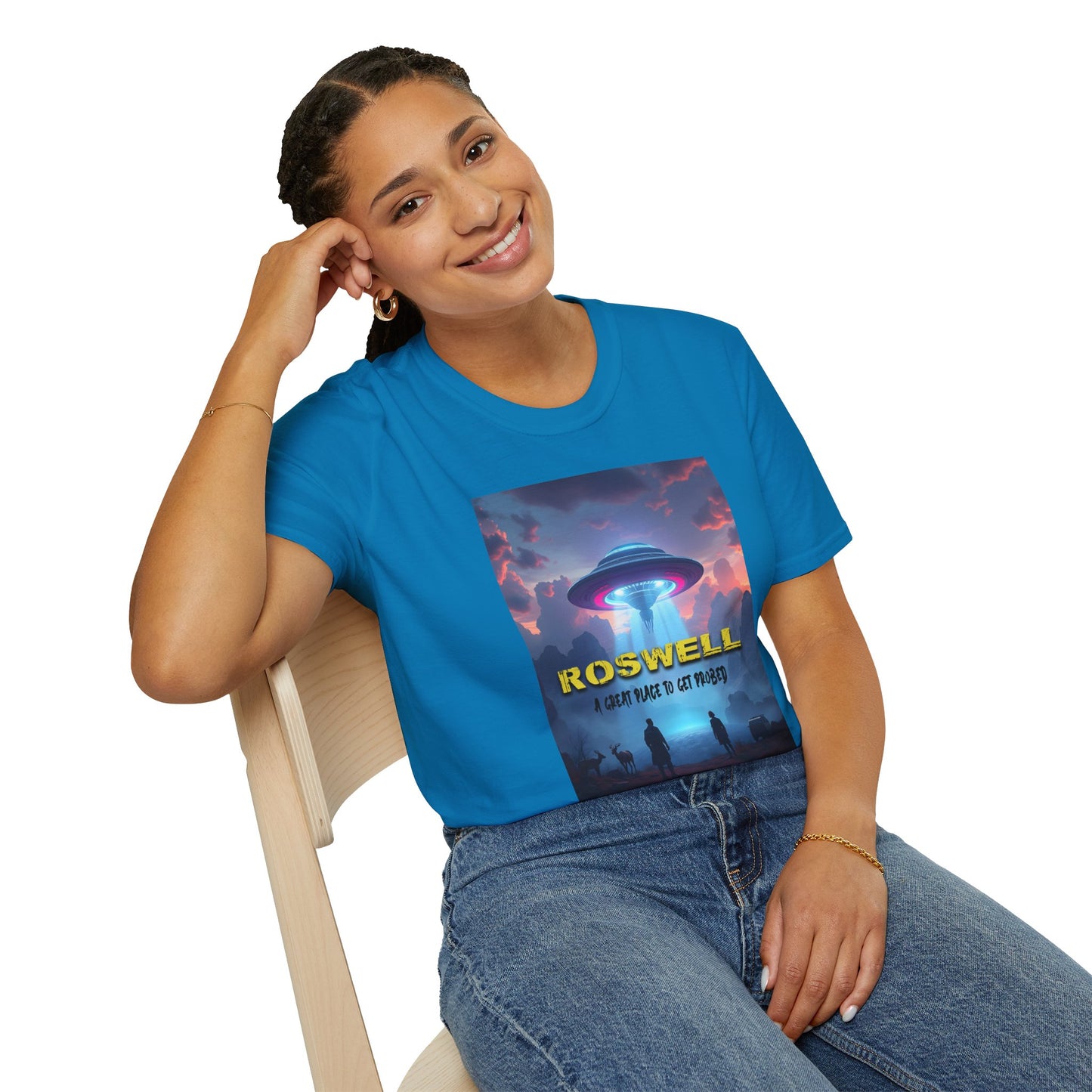 Roswell Probed Retro T-Shirt - Alien UFO Lover Gift, Sci-Fi Apparel, Extraterrestrial Tee, Unisex Softstyle Clothing, graphic design, png