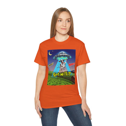 Got Milk? Funny Unisex Ultra Cotton Tee - Humorous Cow and UFO Design, graphic tee, t-shirts, tshirt, png, sublimation