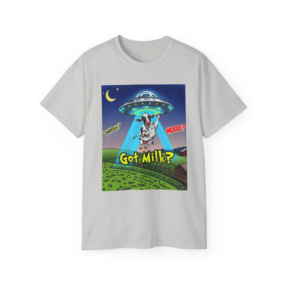 Got Milk? Funny Unisex Ultra Cotton Tee - Humorous Cow and UFO Design, graphic tee, t-shirts, tshirt, png, sublimation