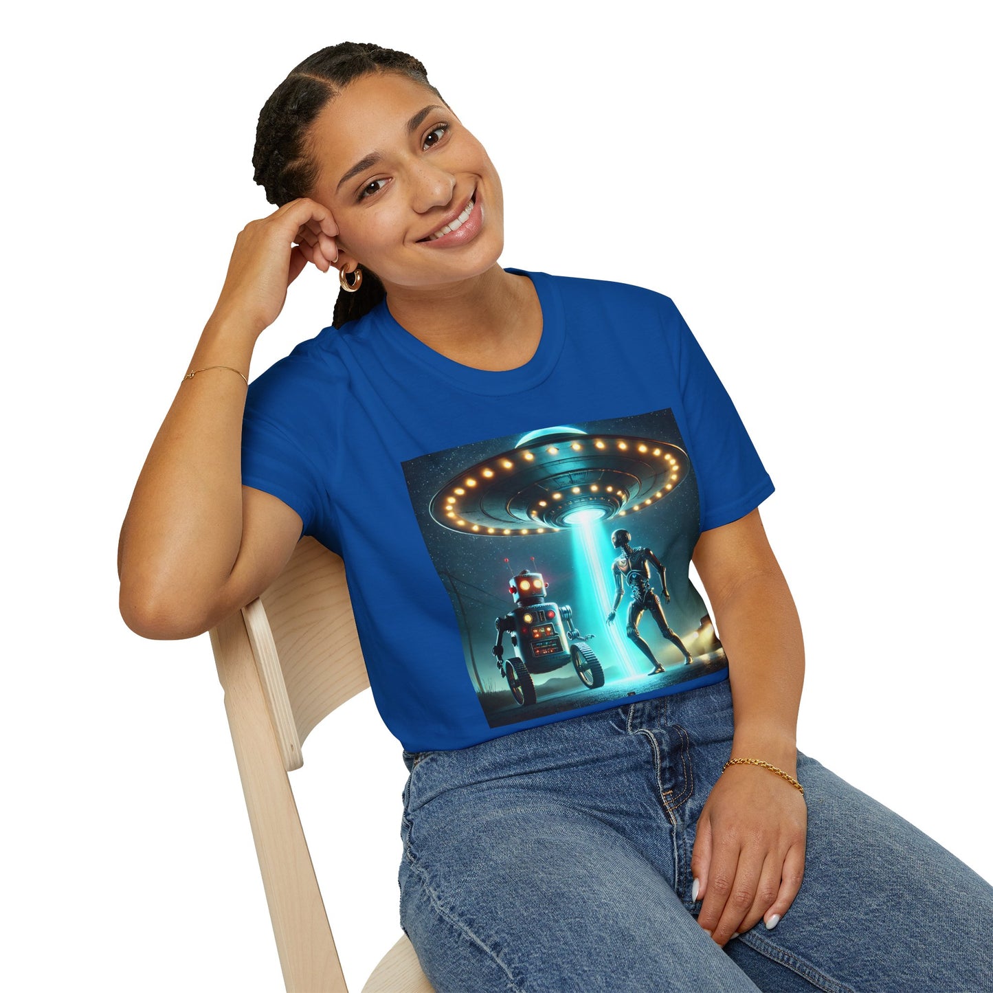 Alien Encounter Unisex Softstyle T-Shirt | Sci-Fi Fan Gift, Superhero Tee, UFO Shirt, Casual Wear, Unique Graphic T-Shirt