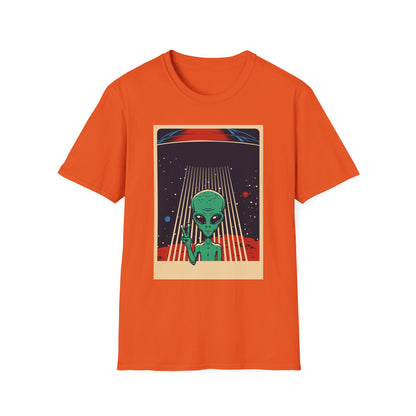 Cosmic Alien Peace Unisex Softstyle T-Shirt, Vintage UFO Tee, Space Lover Gift, Sci-Fi Fan Shirt, Trendy Graphic Tee, GraphicTees, t-shirts