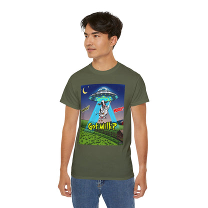 Got Milk? Funny Unisex Ultra Cotton Tee - Humorous Cow and UFO Design, graphic tee, t-shirts, tshirt, png, sublimation