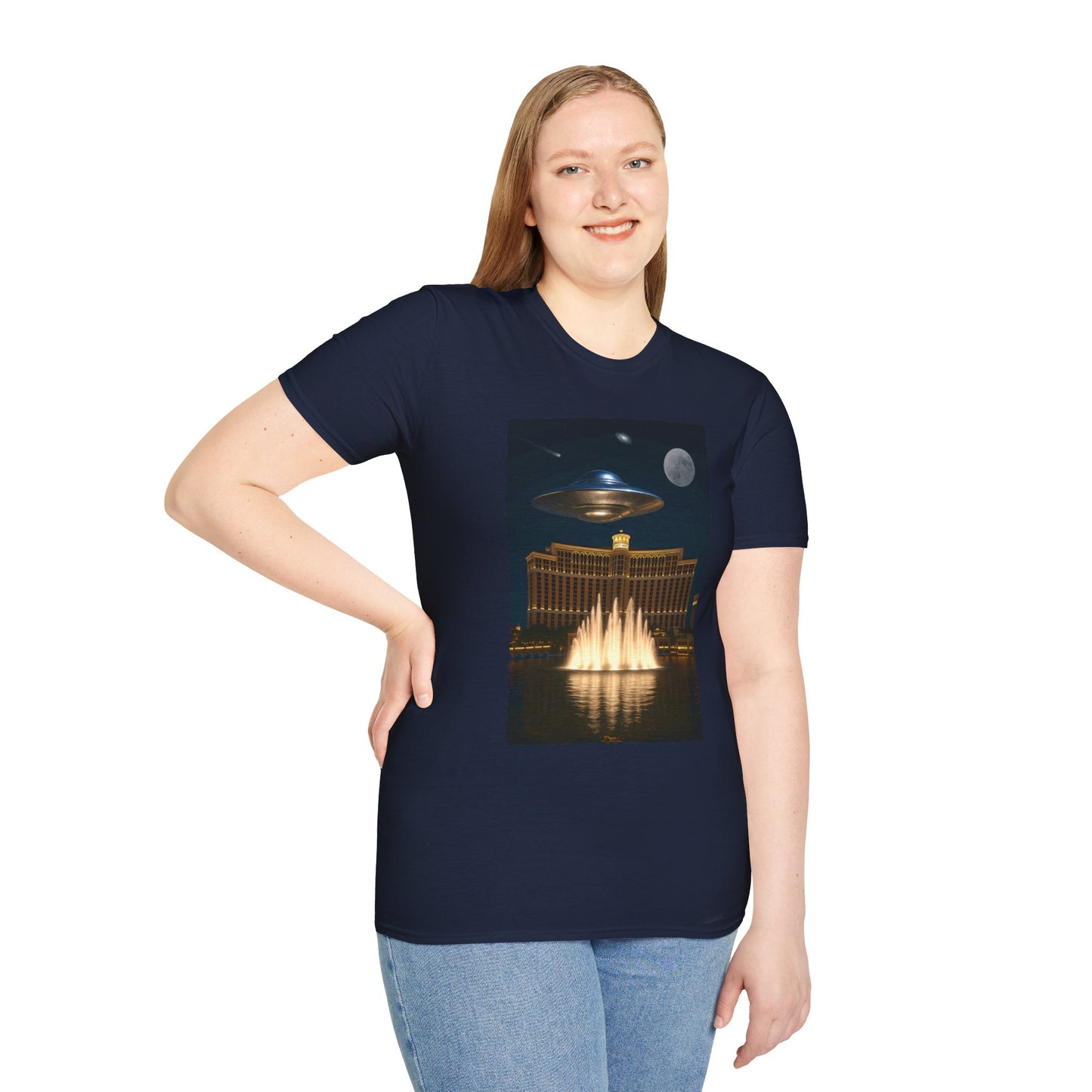 UFO over Las Vegas, Cosmic Vibes Unisex T-Shirt - UFO & Moon Design, Relaxed Fit Tee for Space Lovers, Gift for Sci-Fi Fans, Casual Wear, Everyday Essentials, t-shirt, tshirt, png