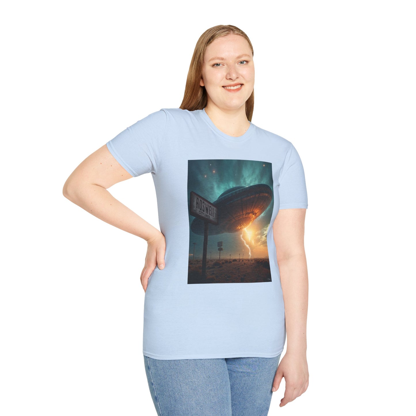 Roswell City Limits, Alien Sunset Softstyle T-Shirt | Unisex Graphic Tee, UFO Theme Shirt, Casual, Gift for Sci-Fi Lovers, Summer Fashion