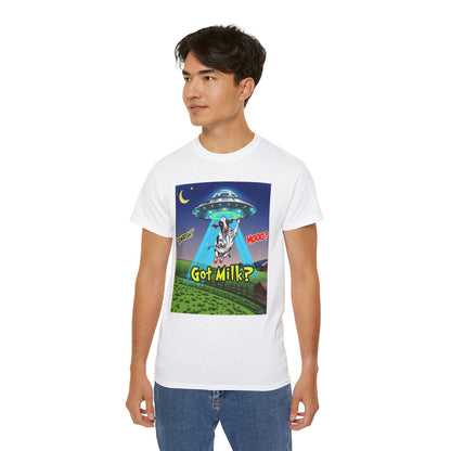 Got Milk? Funny Unisex Ultra Cotton Tee - Humorous Cow and UFO Design, graphic tee, t-shirts, tshirt, png, sublimation