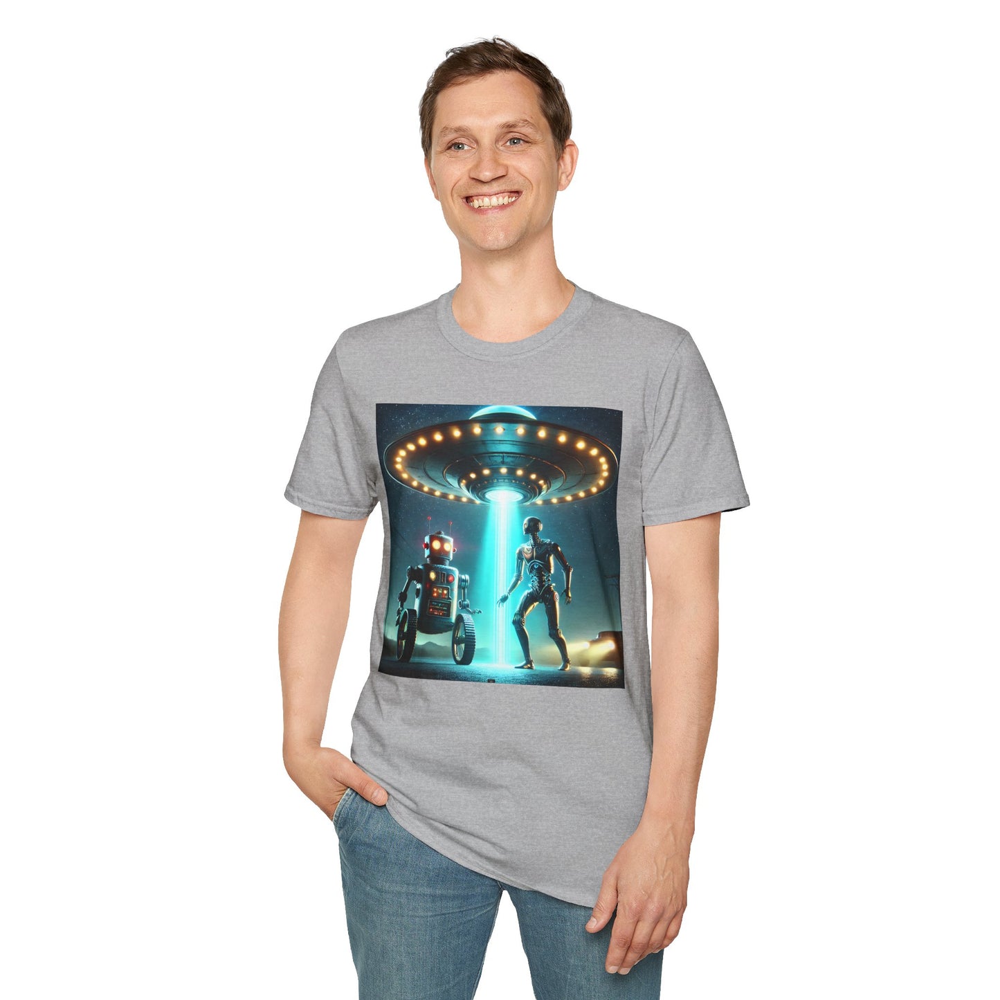 Alien Encounter Unisex Softstyle T-Shirt | Sci-Fi Fan Gift, Superhero Tee, UFO Shirt, Casual Wear, Unique Graphic T-Shirt
