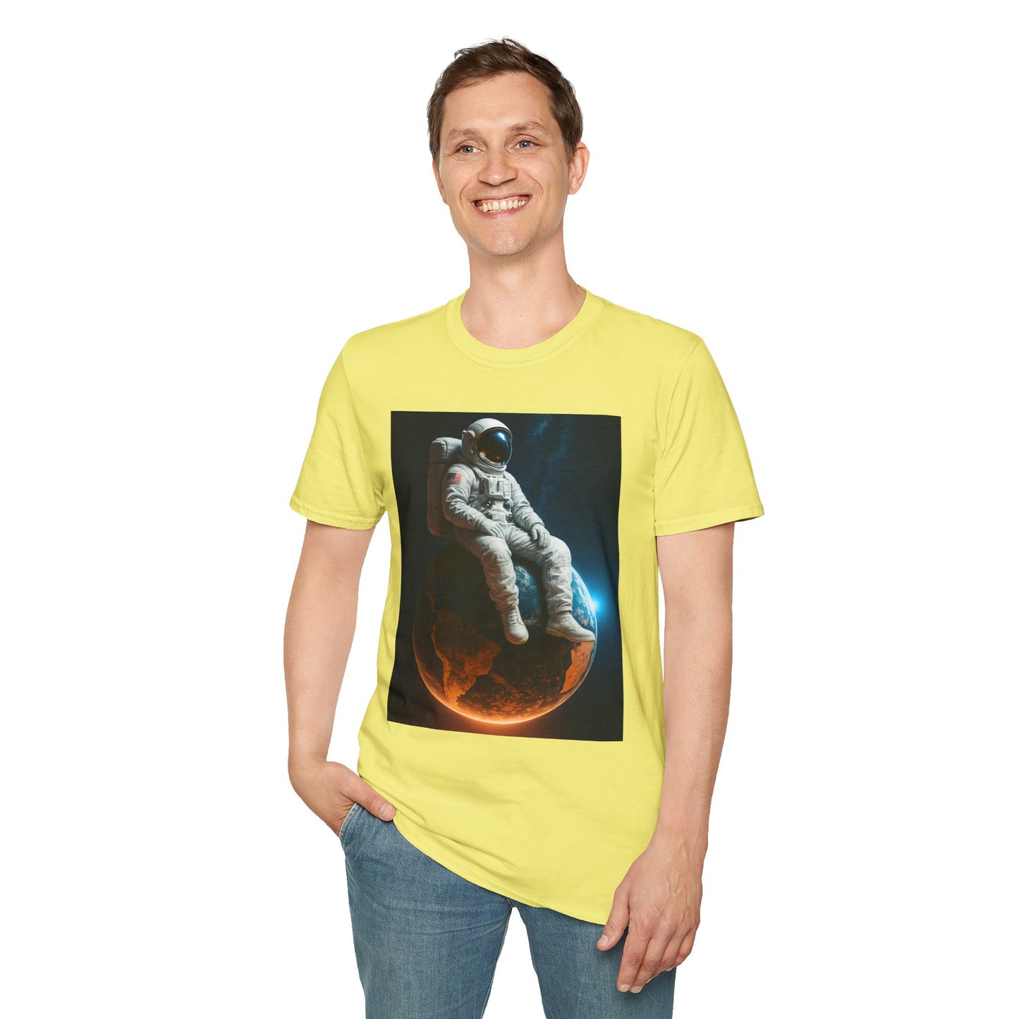 Sitting on an Earth, Cosmic Astronaut T-Shirt, Unisex Graphic Tee, Space Lover Gift, Casual Wear, Astronomy Fan Shirt, Graphic Tee, t-shirt, tshirt, png