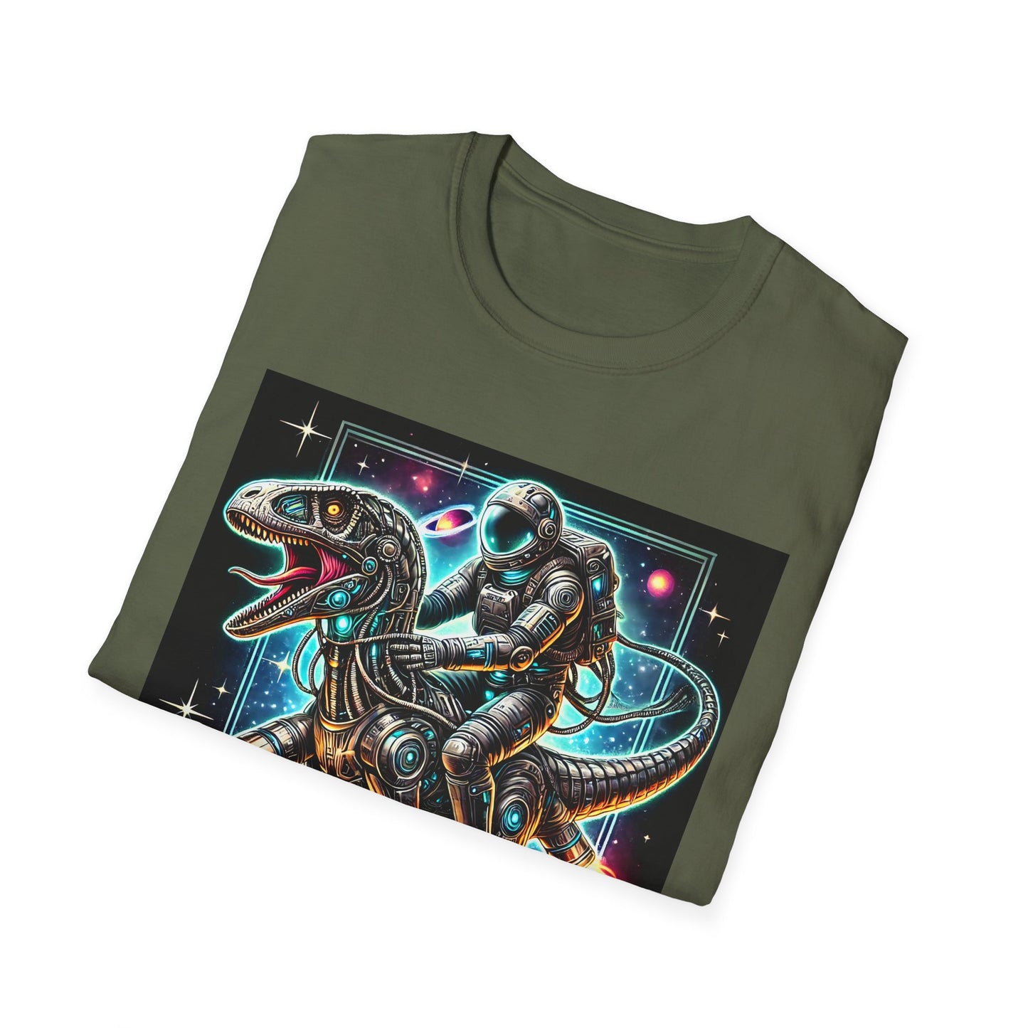 Cosmic Dinosaur Rider Softstyle T-Shirt | Fun Graphic Tee, Unique Gift, Space Lover Shirt, Sci-Fi Enthusiast Apparel