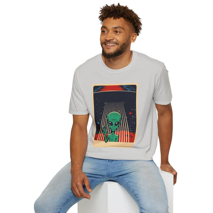 Cosmic Alien Peace Unisex Softstyle T-Shirt, Vintage UFO Tee, Space Lover Gift, Sci-Fi Fan Shirt, Trendy Graphic Tee, GraphicTees, t-shirts