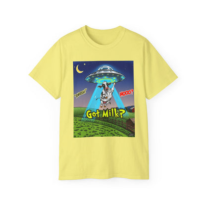 Got Milk? Funny Unisex Ultra Cotton Tee - Humorous Cow and UFO Design, graphic tee, t-shirts, tshirt, png, sublimation