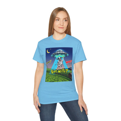 Got Milk? Funny Unisex Ultra Cotton Tee - Humorous Cow and UFO Design, graphic tee, t-shirts, tshirt, png, sublimation