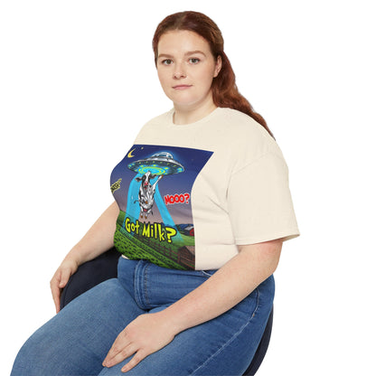 Got Milk? Funny Unisex Ultra Cotton Tee - Humorous Cow and UFO Design, graphic tee, t-shirts, tshirt, png, sublimation