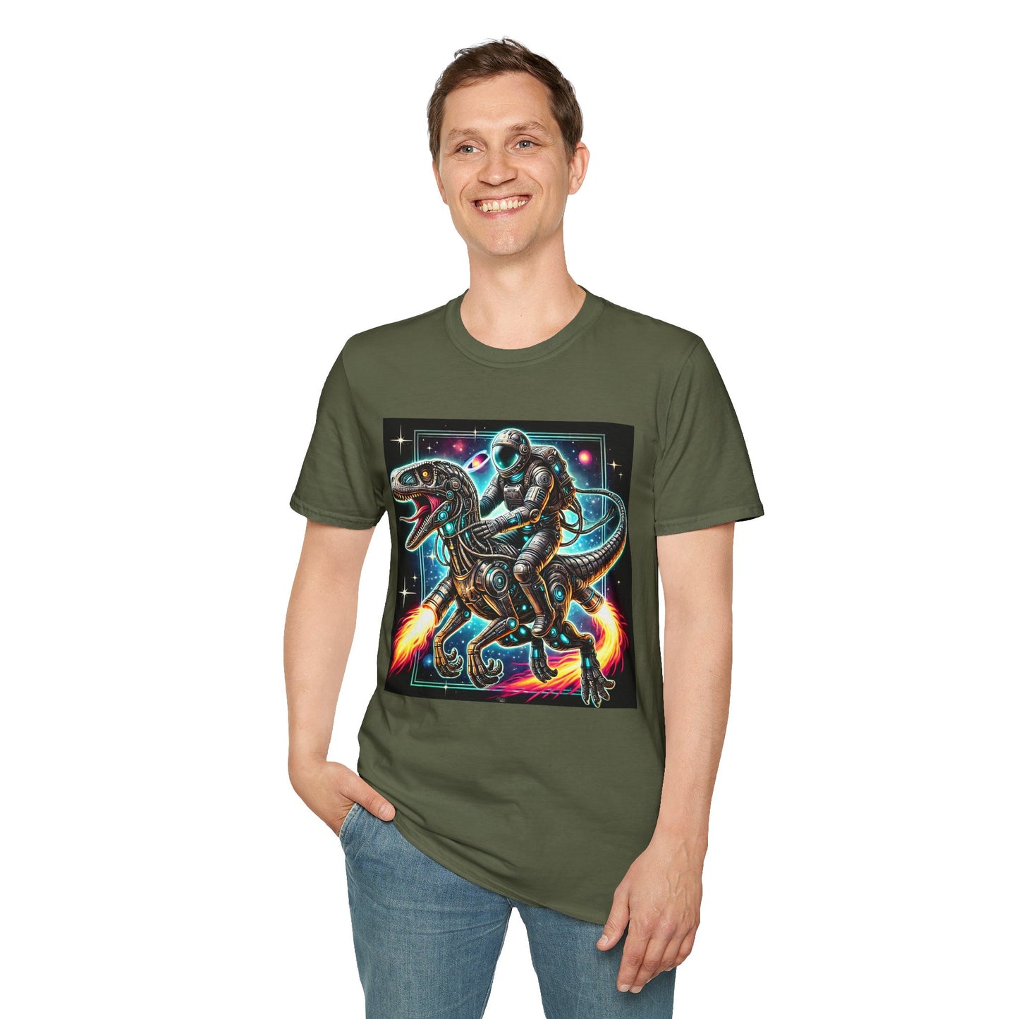 Cosmic Dinosaur Rider Softstyle T-Shirt | Fun Graphic Tee, Unique Gift, Space Lover Shirt, Sci-Fi Enthusiast Apparel