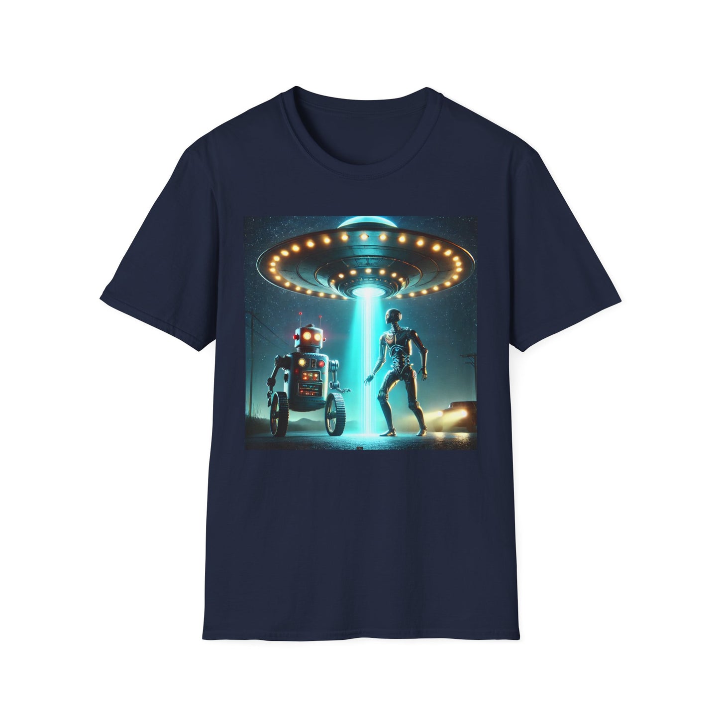 Alien Encounter Unisex Softstyle T-Shirt | Sci-Fi Fan Gift, Superhero Tee, UFO Shirt, Casual Wear, Unique Graphic T-Shirt
