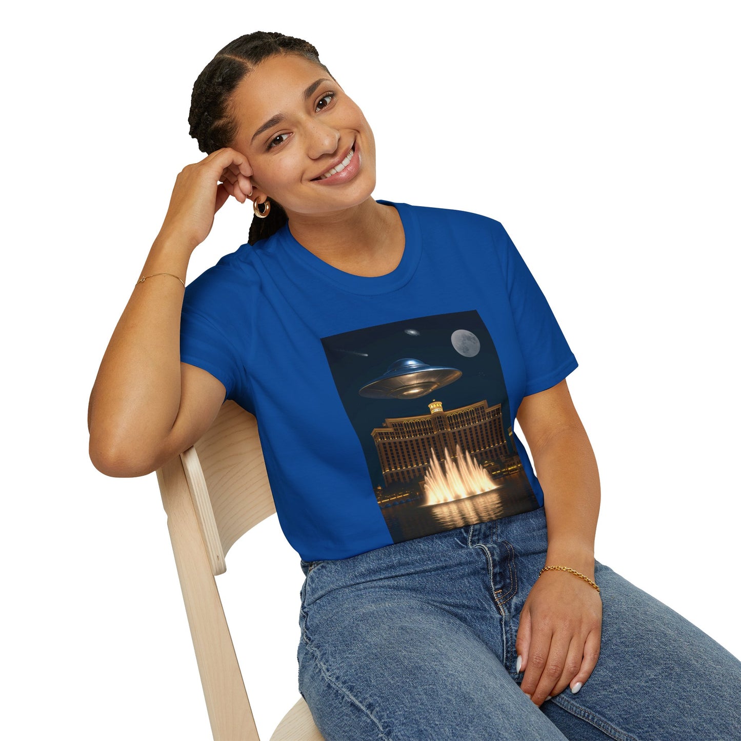 UFO over Las Vegas, Cosmic Vibes Unisex T-Shirt - UFO & Moon Design, Relaxed Fit Tee for Space Lovers, Gift for Sci-Fi Fans, Casual Wear, Everyday Essentials, t-shirt, tshirt, png