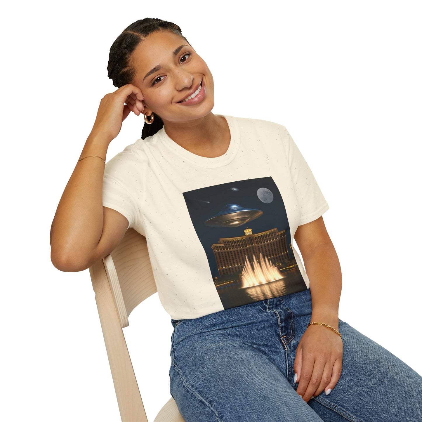 UFO over Las Vegas, Cosmic Vibes Unisex T-Shirt - UFO & Moon Design, Relaxed Fit Tee for Space Lovers, Gift for Sci-Fi Fans, Casual Wear, Everyday Essentials, t-shirt, tshirt, png