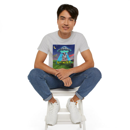 Got Milk? Funny Unisex Ultra Cotton Tee - Humorous Cow and UFO Design, graphic tee, t-shirts, tshirt, png, sublimation