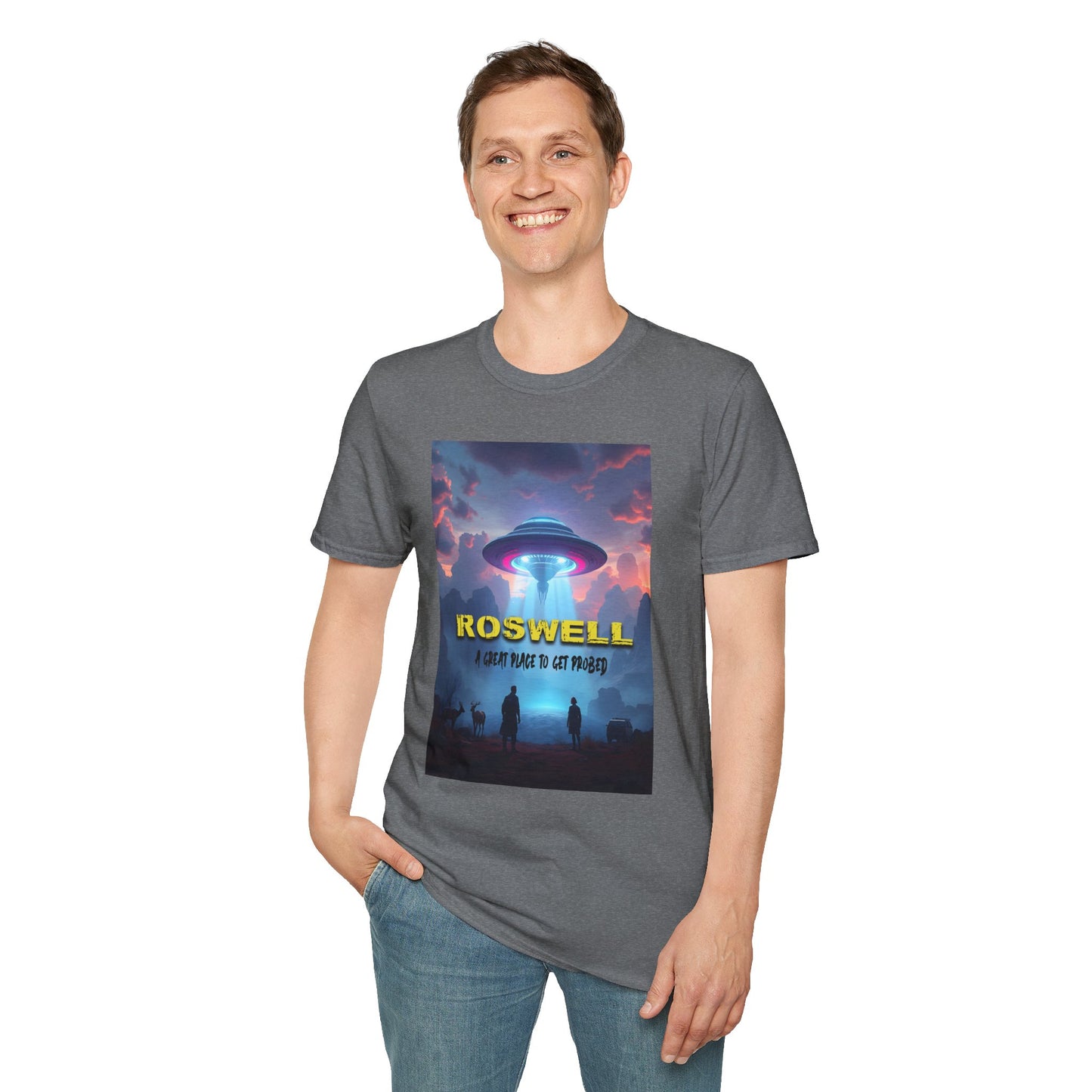 Roswell Probed Retro T-Shirt - Alien UFO Lover Gift, Sci-Fi Apparel, Extraterrestrial Tee, Unisex Softstyle Clothing, graphic design, png