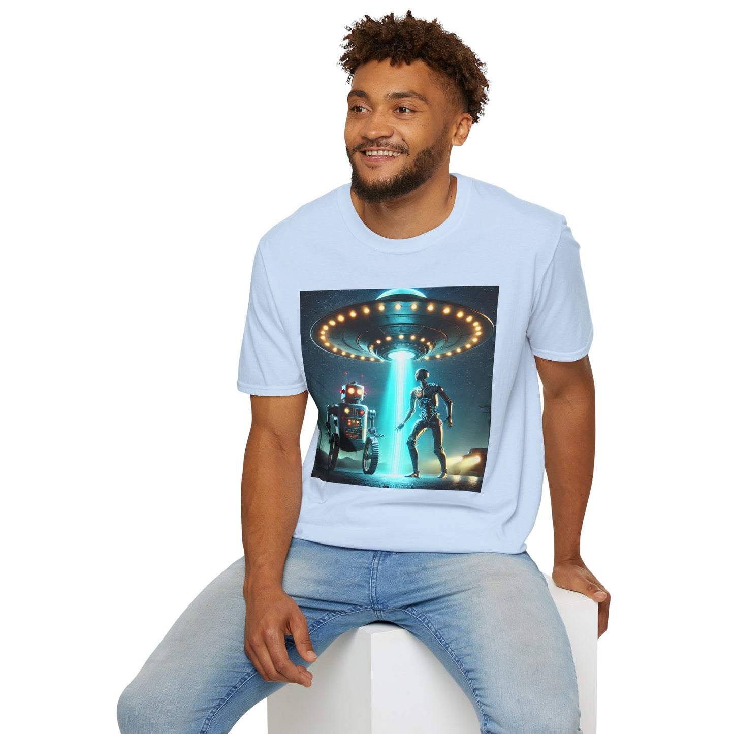 Alien Encounter Unisex Softstyle T-Shirt | Sci-Fi Fan Gift, Superhero Tee, UFO Shirt, Casual Wear, Unique Graphic T-Shirt