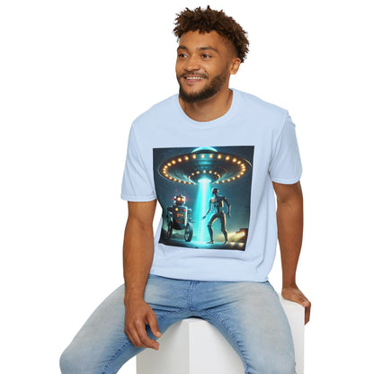 Alien Encounter Unisex Softstyle T-Shirt | Sci-Fi Fan Gift, Superhero Tee, UFO Shirt, Casual Wear, Unique Graphic T-Shirt