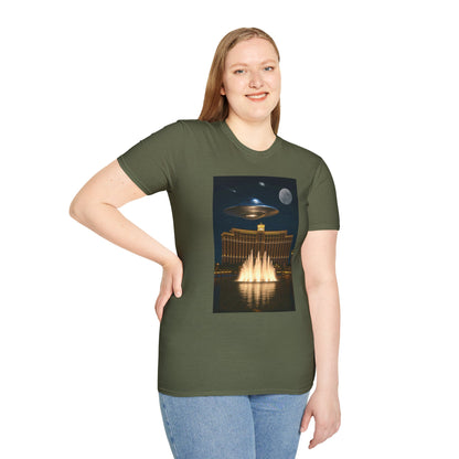 UFO over Las Vegas, Cosmic Vibes Unisex T-Shirt - UFO & Moon Design, Relaxed Fit Tee for Space Lovers, Gift for Sci-Fi Fans, Casual Wear, Everyday Essentials, t-shirt, tshirt, png