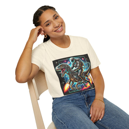Cosmic Dinosaur Rider Softstyle T-Shirt | Fun Graphic Tee, Unique Gift, Space Lover Shirt, Sci-Fi Enthusiast Apparel