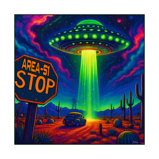 Area-51 Neon Alien Abduction Satin Poster — Lustrous 300gsm UFO Art Print