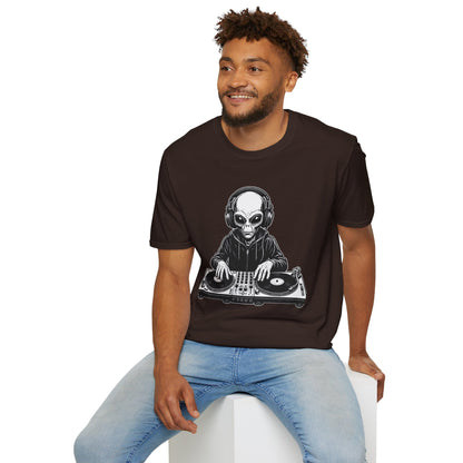 DJ Alien Graphic T-Shirt | Unisex Softstyle Tee for Music Lovers, Gifts for DJs, Cool Casual Wear, Festival Apparel, Unique Alien Design