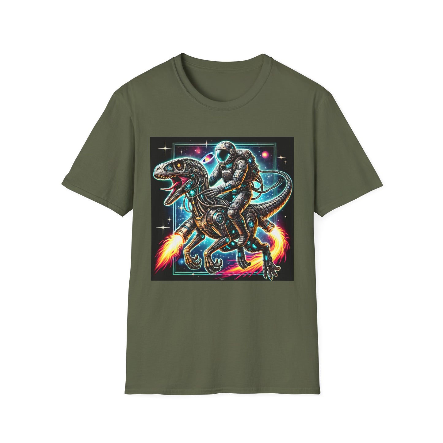 Cosmic Dinosaur Rider Softstyle T-Shirt | Fun Graphic Tee, Unique Gift, Space Lover Shirt, Sci-Fi Enthusiast Apparel