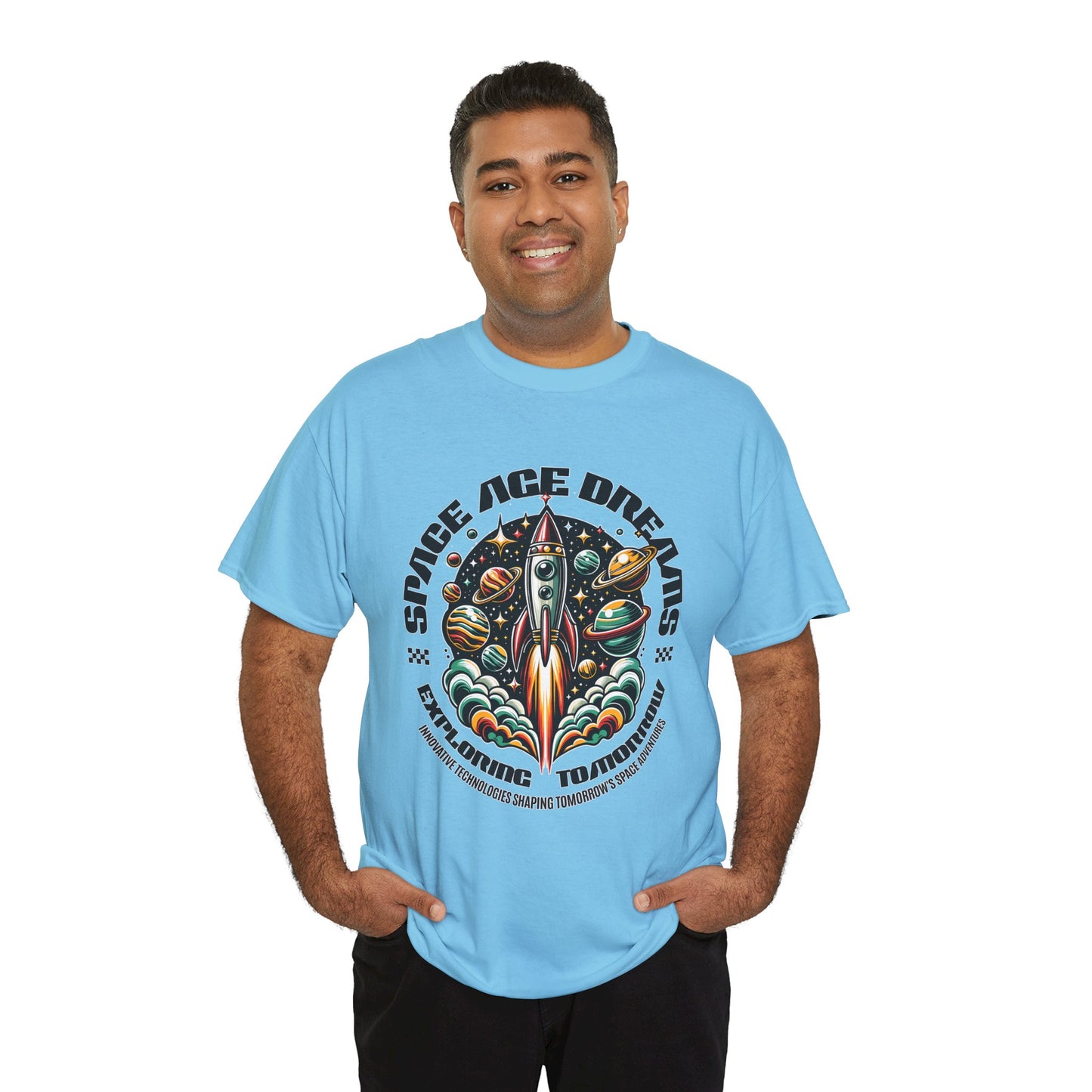 Space Age Dreams, Unisex Heavy Cotton Tee - Retro Rocket Design for Space Lovers, graphic design, png