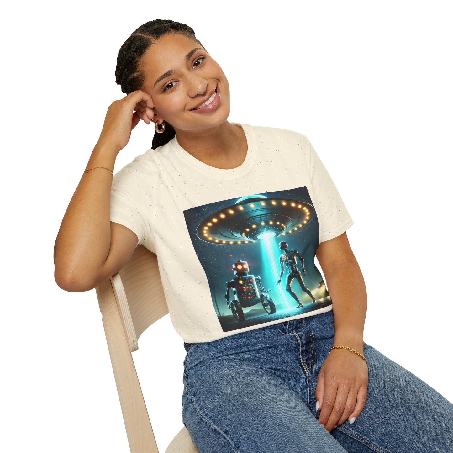 Alien Encounter Unisex Softstyle T-Shirt | Sci-Fi Fan Gift, Superhero Tee, UFO Shirt, Casual Wear, Unique Graphic T-Shirt