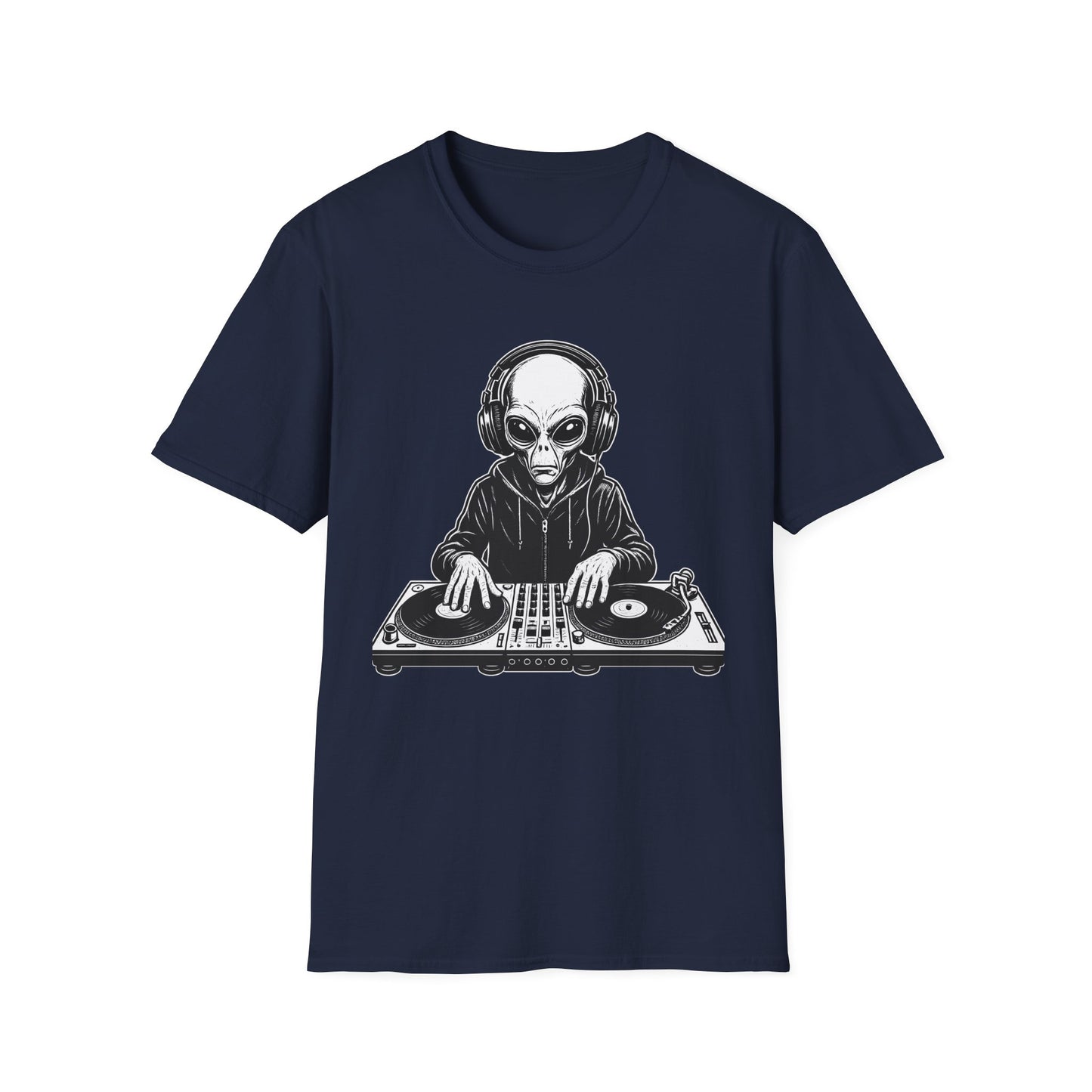 DJ Alien Graphic T-Shirt | Unisex Softstyle Tee for Music Lovers, Gifts for DJs, Cool Casual Wear, Festival Apparel, Unique Alien Design
