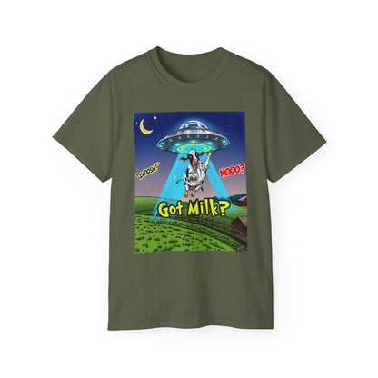 Got Milk? Funny Unisex Ultra Cotton Tee - Humorous Cow and UFO Design, graphic tee, t-shirts, tshirt, png, sublimation