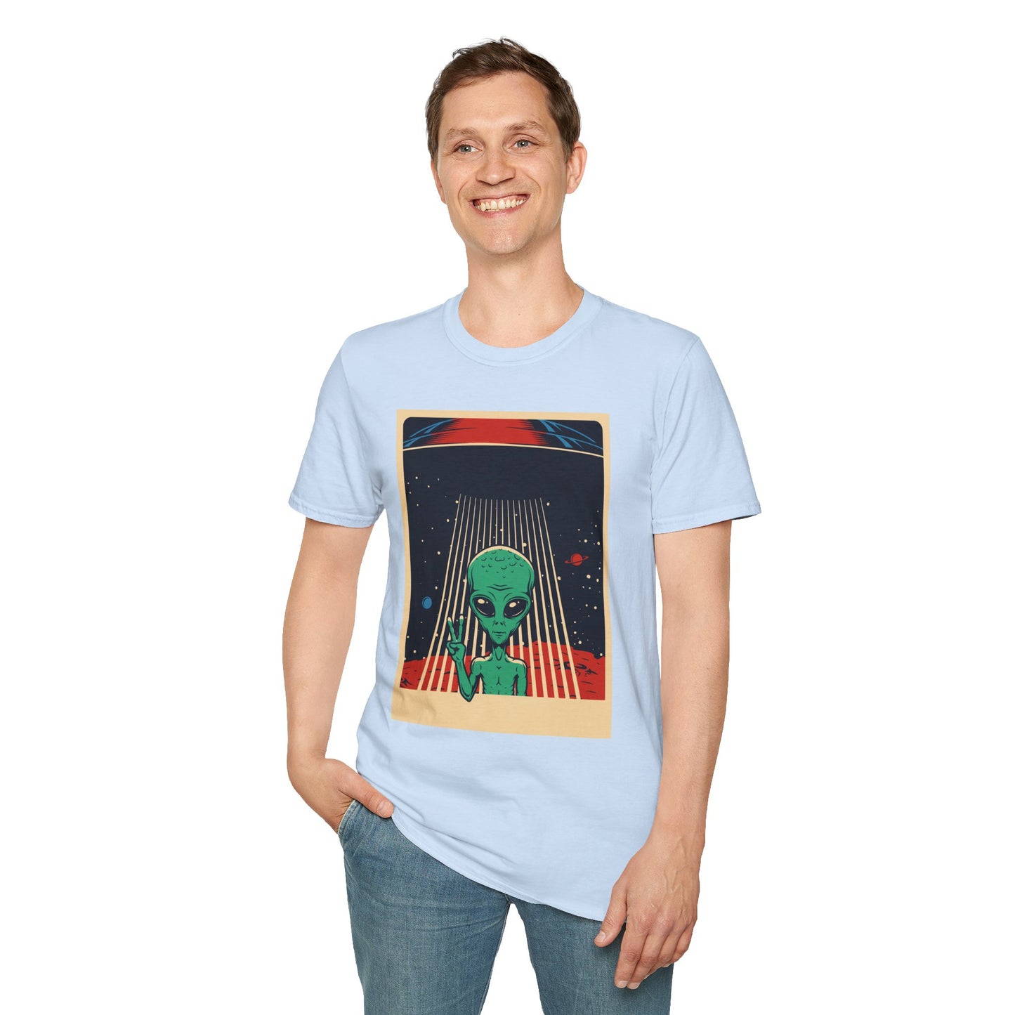 Cosmic Alien Peace Unisex Softstyle T-Shirt, Vintage UFO Tee, Space Lover Gift, Sci-Fi Fan Shirt, Trendy Graphic Tee, GraphicTees, t-shirts