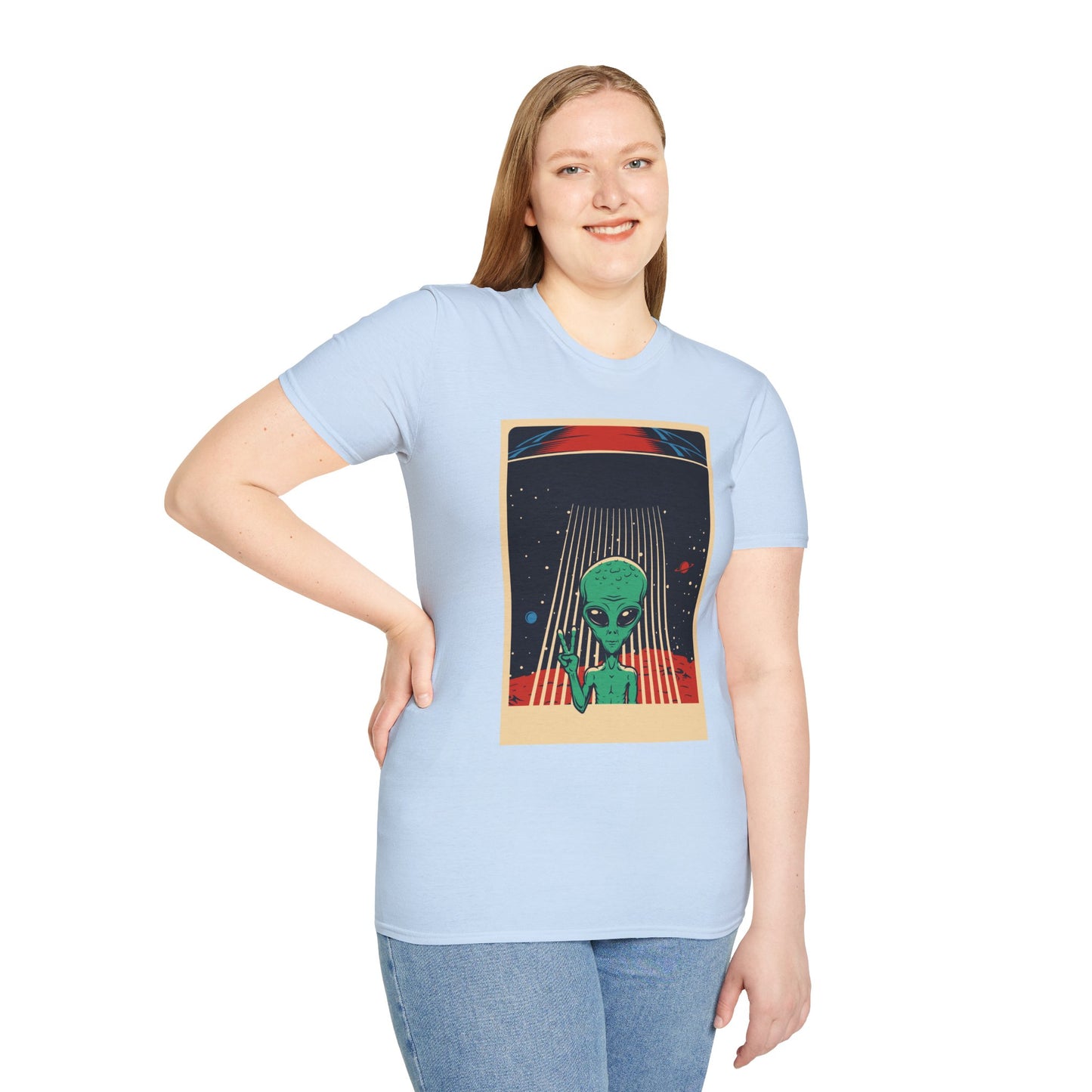 Cosmic Alien Peace Unisex Softstyle T-Shirt, Vintage UFO Tee, Space Lover Gift, Sci-Fi Fan Shirt, Trendy Graphic Tee, GraphicTees, t-shirts