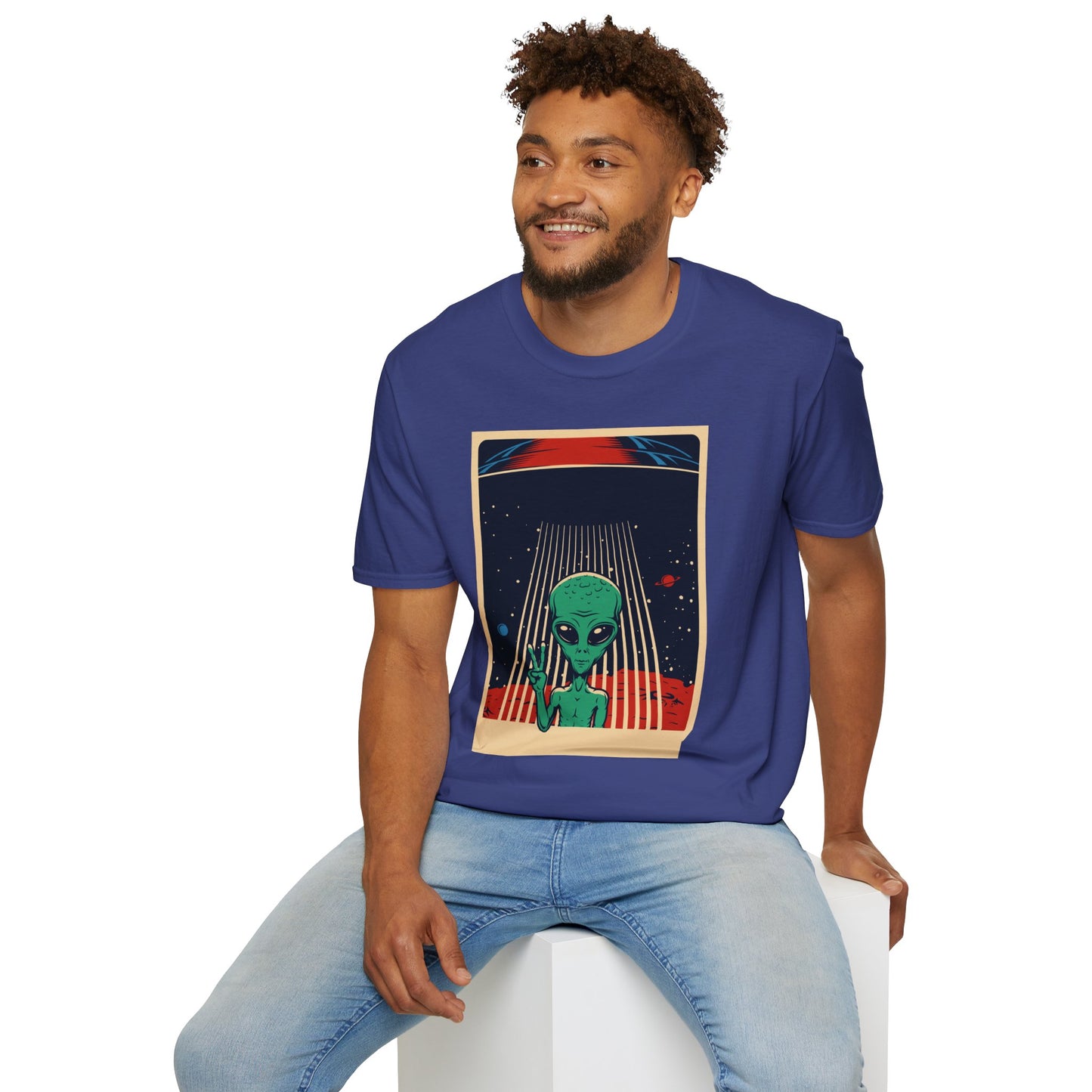 Cosmic Alien Peace Unisex Softstyle T-Shirt, Vintage UFO Tee, Space Lover Gift, Sci-Fi Fan Shirt, Trendy Graphic Tee, GraphicTees, t-shirts