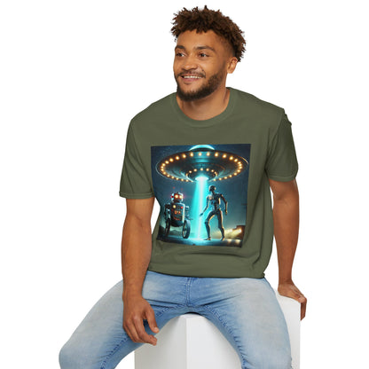 Alien Encounter Unisex Softstyle T-Shirt | Sci-Fi Fan Gift, Superhero Tee, UFO Shirt, Casual Wear, Unique Graphic T-Shirt