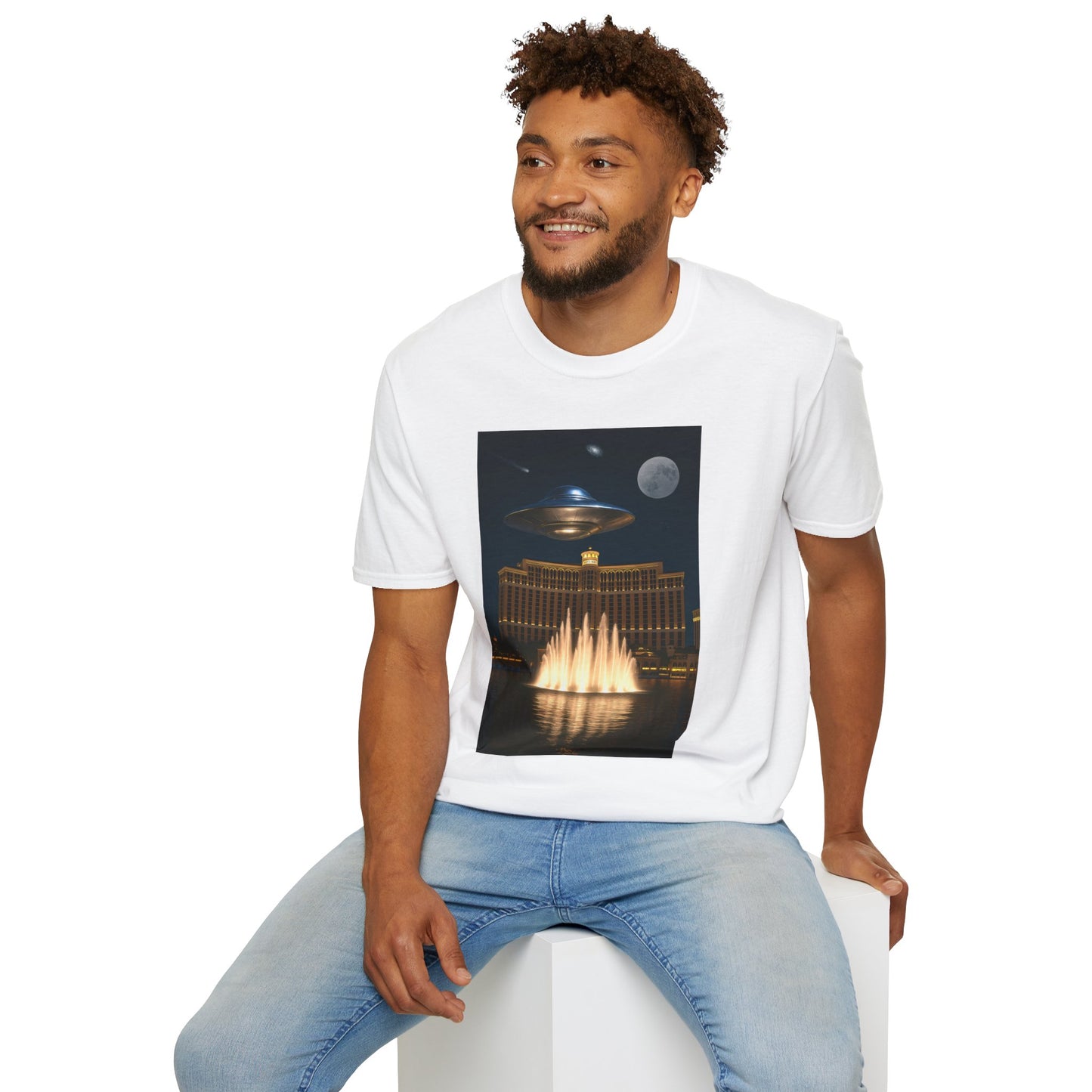 UFO over Las Vegas, Cosmic Vibes Unisex T-Shirt - UFO & Moon Design, Relaxed Fit Tee for Space Lovers, Gift for Sci-Fi Fans, Casual Wear, Everyday Essentials, t-shirt, tshirt, png
