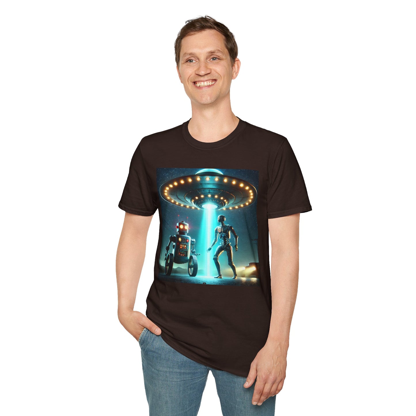 Alien Encounter Unisex Softstyle T-Shirt | Sci-Fi Fan Gift, Superhero Tee, UFO Shirt, Casual Wear, Unique Graphic T-Shirt