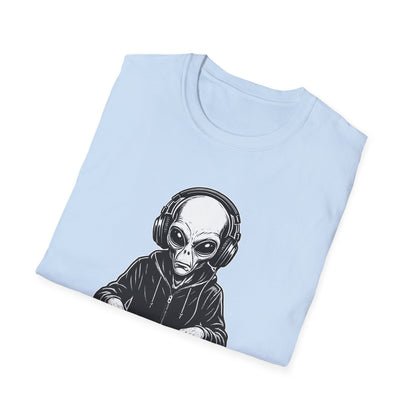 DJ Alien Graphic T-Shirt | Unisex Softstyle Tee for Music Lovers, Gifts for DJs, Cool Casual Wear, Festival Apparel, Unique Alien Design