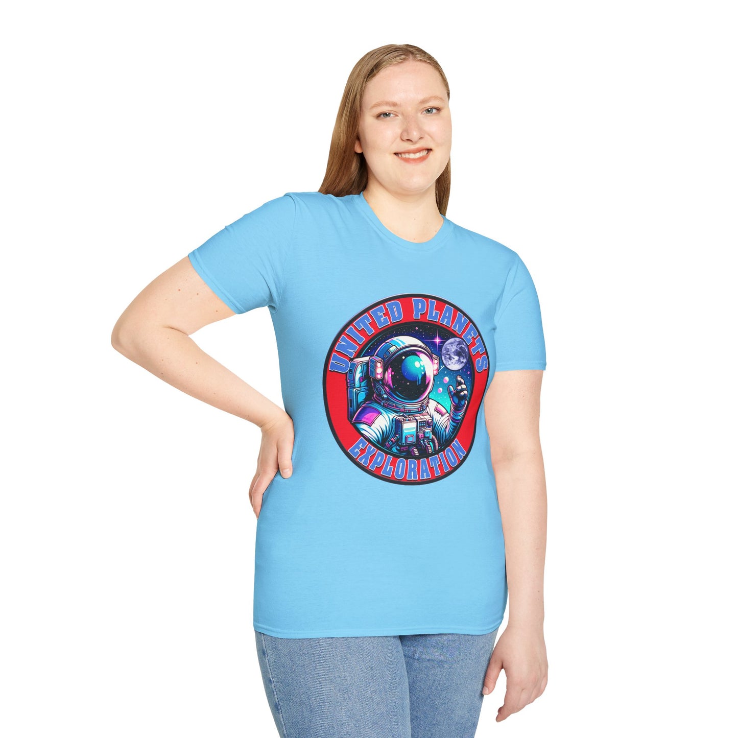 United Planets Exploration Astronaut T-Shirt, Science Themed Tee, Outer Space Shirt for Gift, Birthday, Unisex Softstyle Apparel